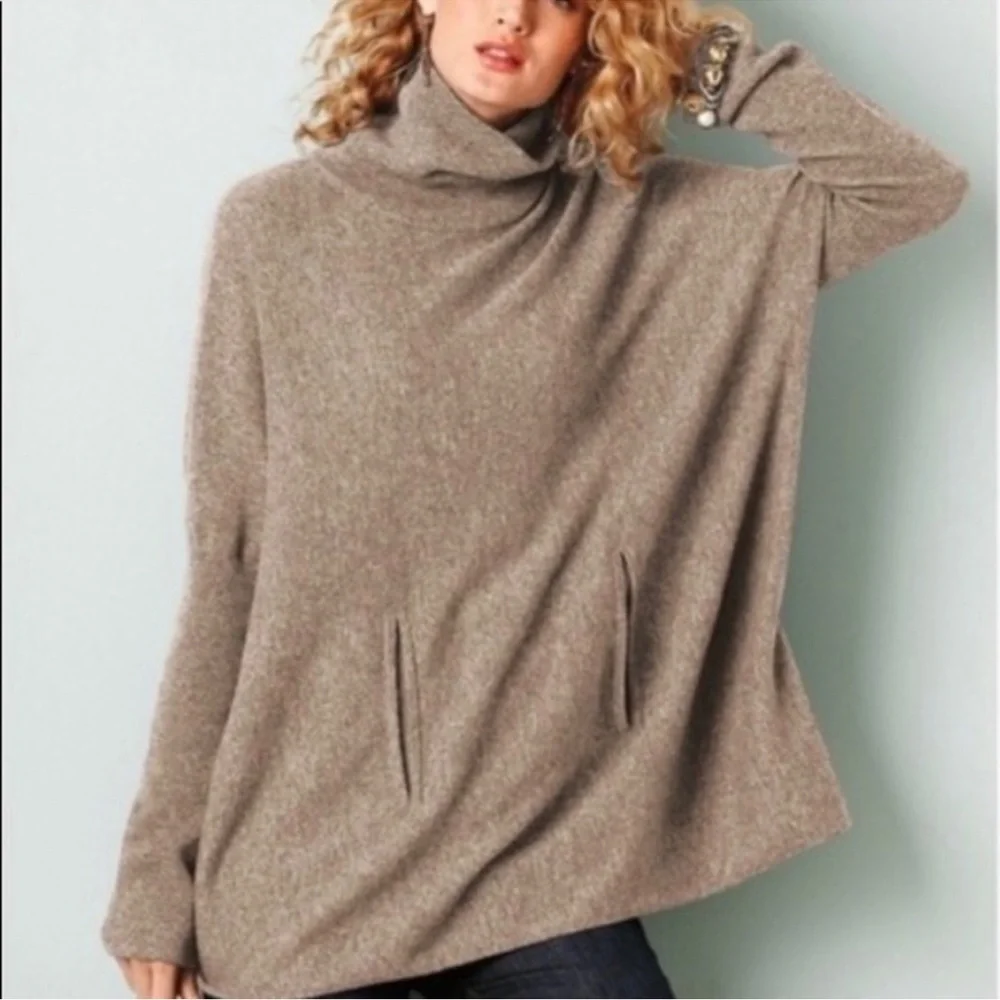Garnet Hill Tan Turtleneck Wool / Cashmere Poncho | S